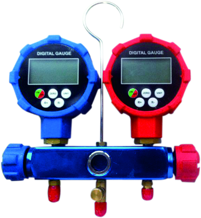 Manómetro de válvula de pieza de refrigerante, colector de control de presión de conjunto de manguera azul amarillo rojo
