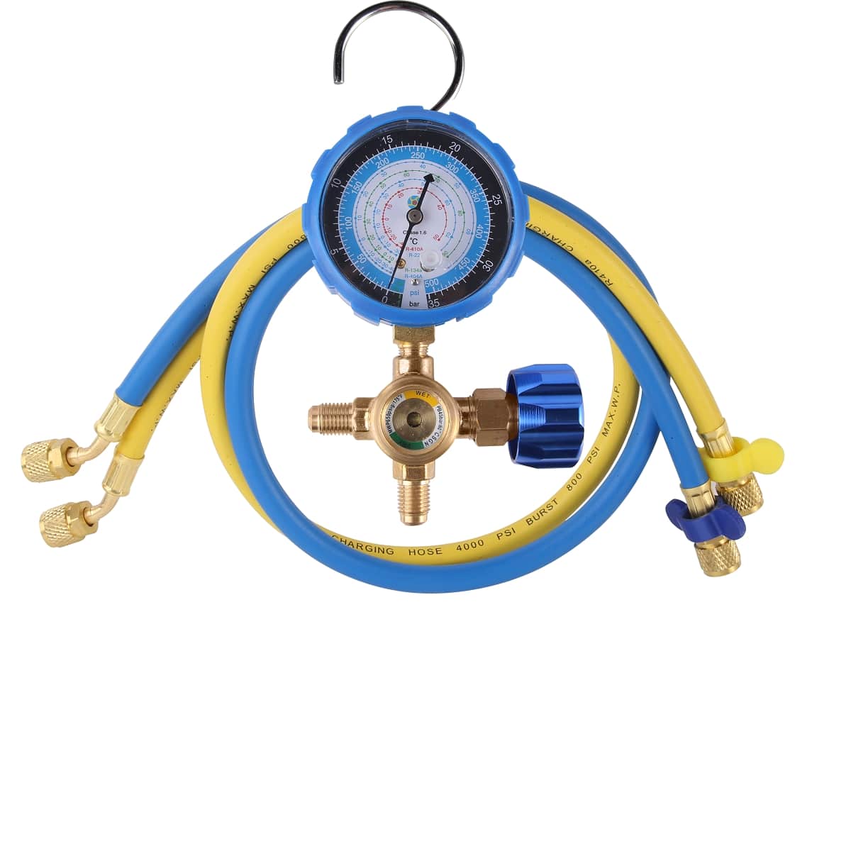 Manómetro de válvula de pieza de refrigerante, colector de control de presión de conjunto de manguera azul amarillo rojo